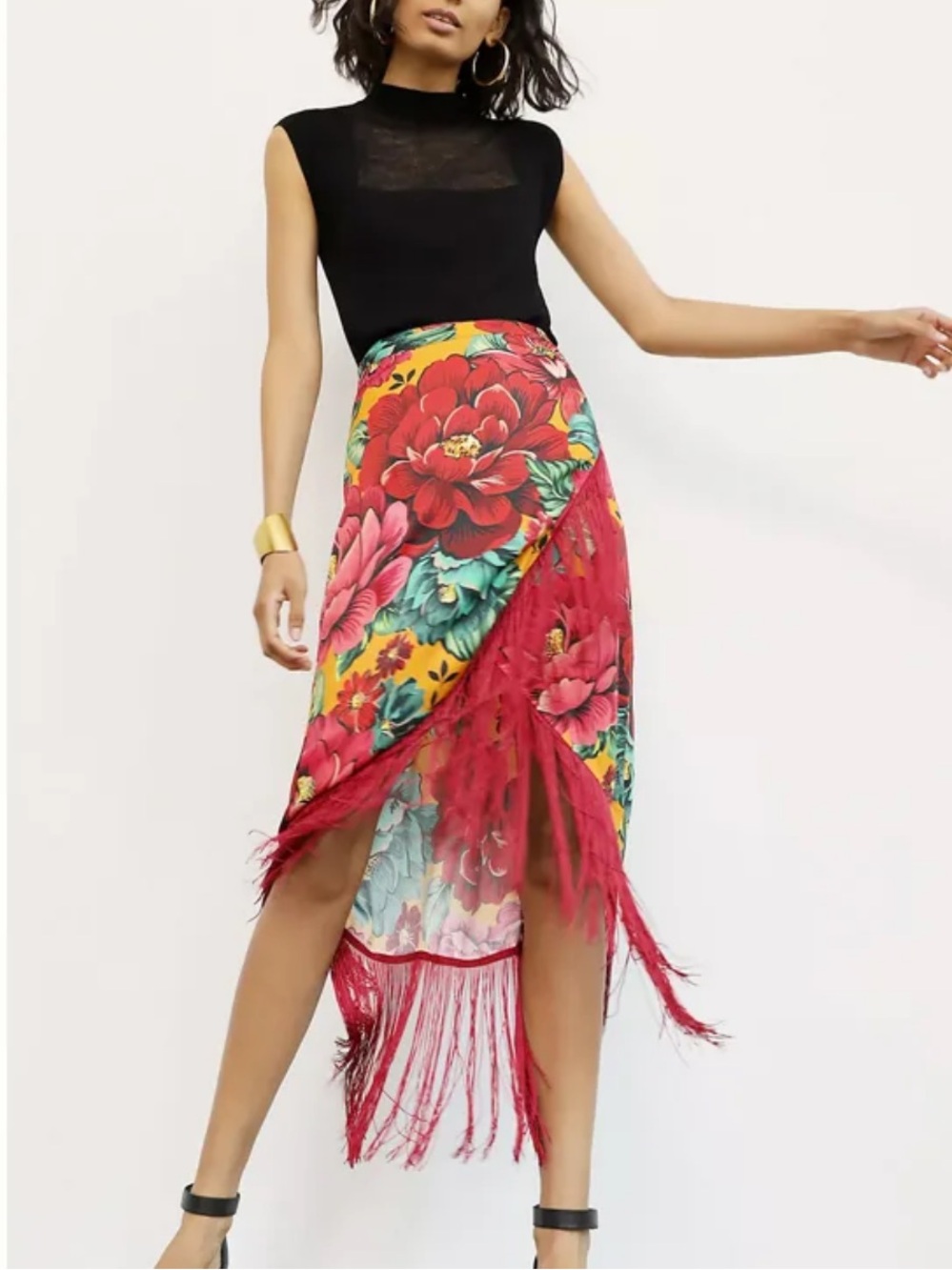 Farm Rio Benita Fringe Floral Wrap Midi Skirt NWT Size Small